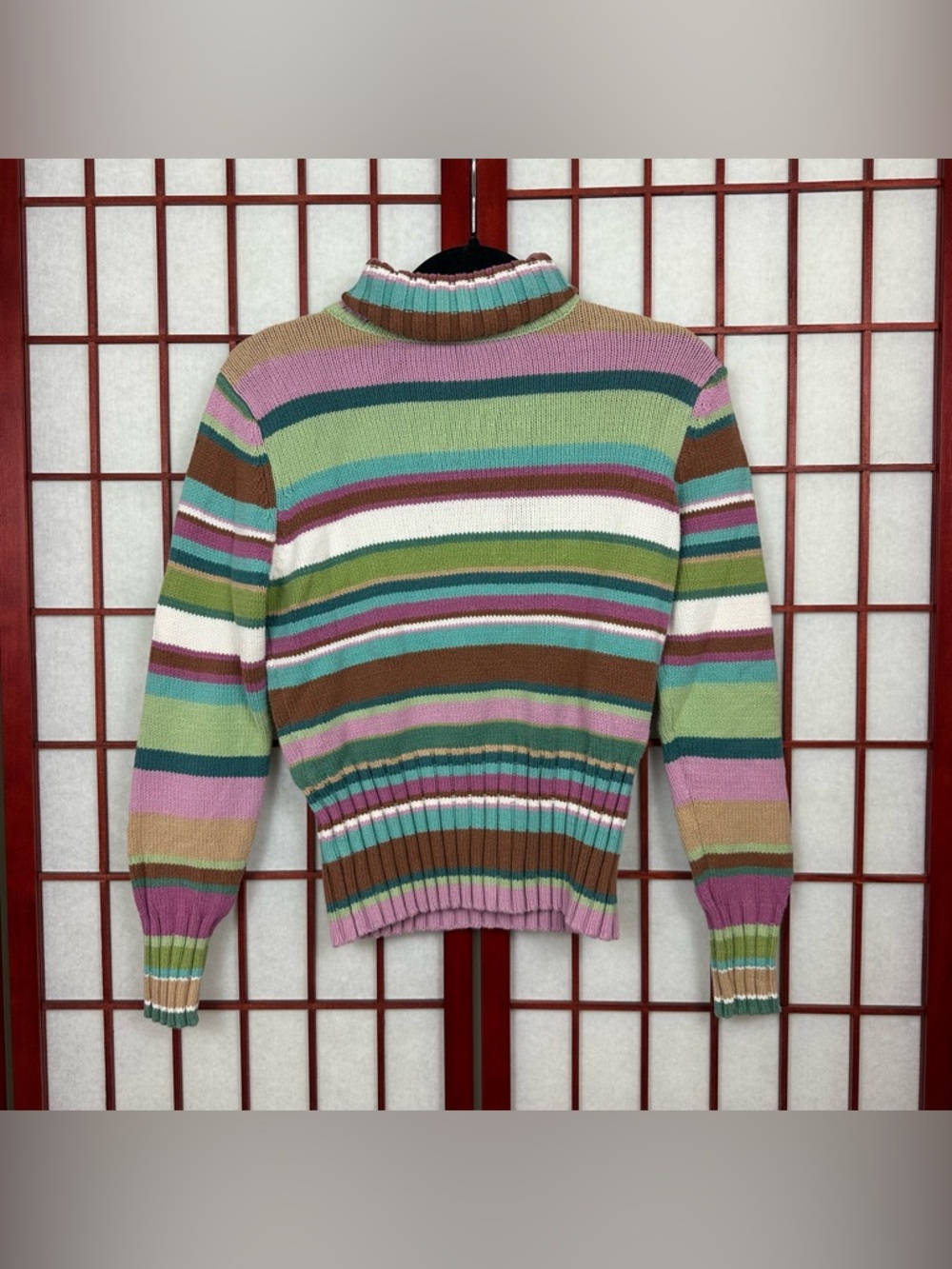 Twee Whimsical Colorful Striped Turtleneck Knit Sweater